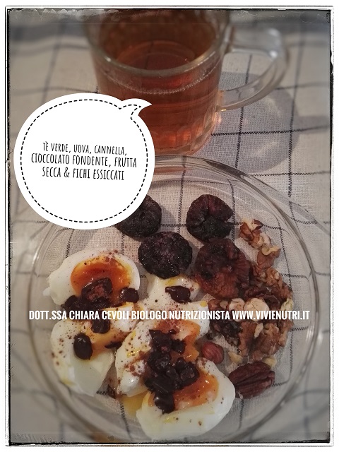 uova sode, cioccolato fondente, fchi secchi, frutta secca, cannella, tè verde